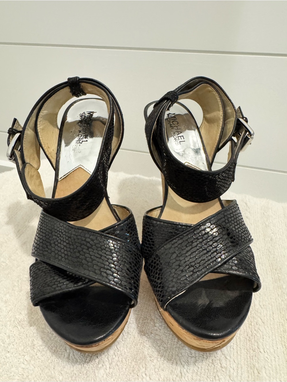 Michael Kors Black Snake-Embossed Wedge Sandals with Cork Platform